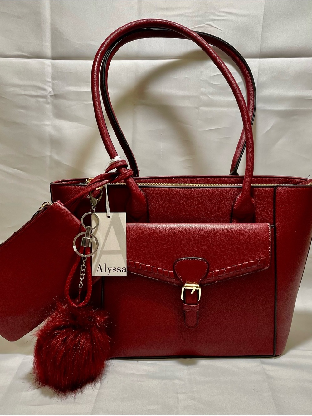 Alyssa Set withTote, Matching Wristlet/Pouch & Extra Pom Bag Charm/KeyChain, NWT - Picture 3 of 16